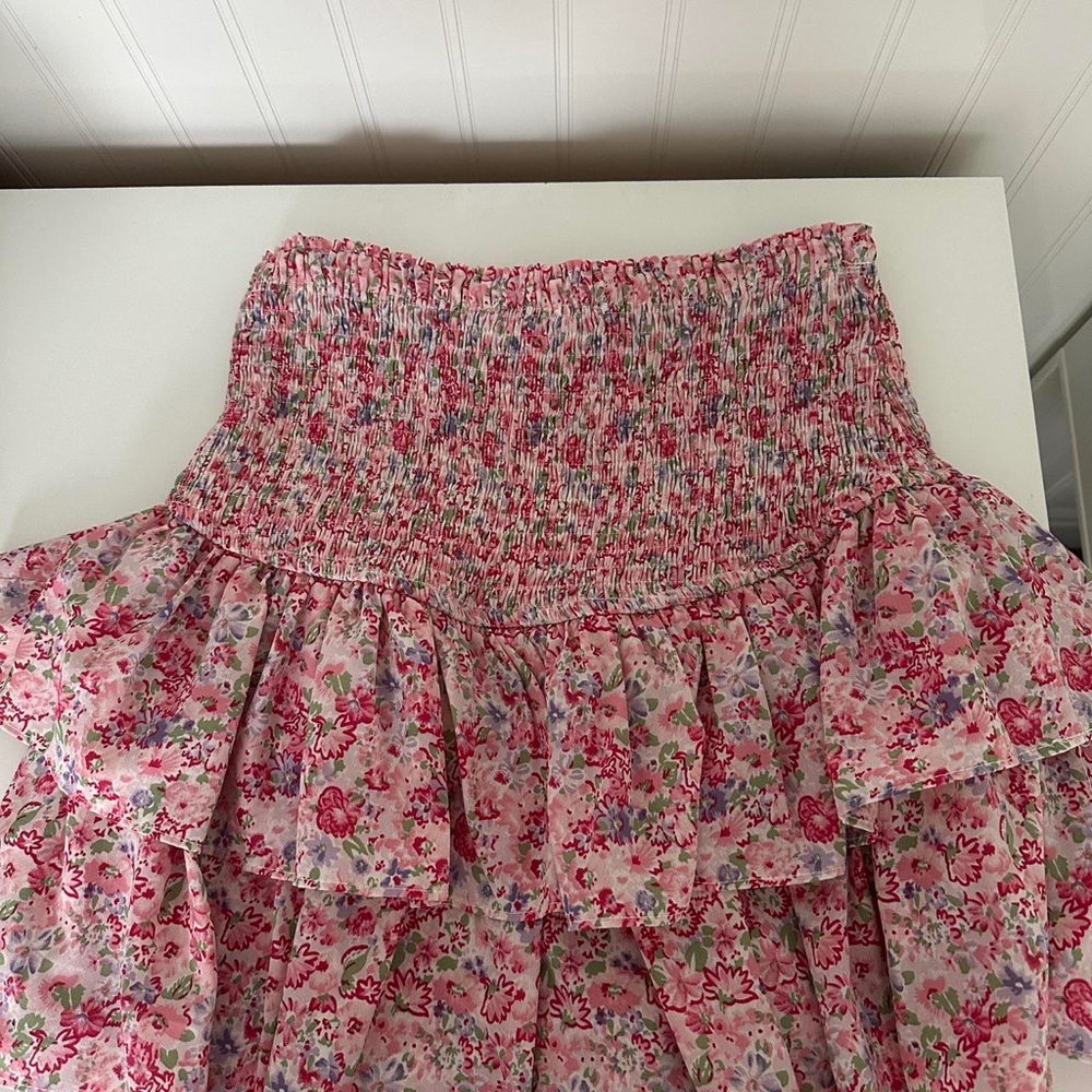 Pink Floral Smocked Waist Tiered Maxi Skirt